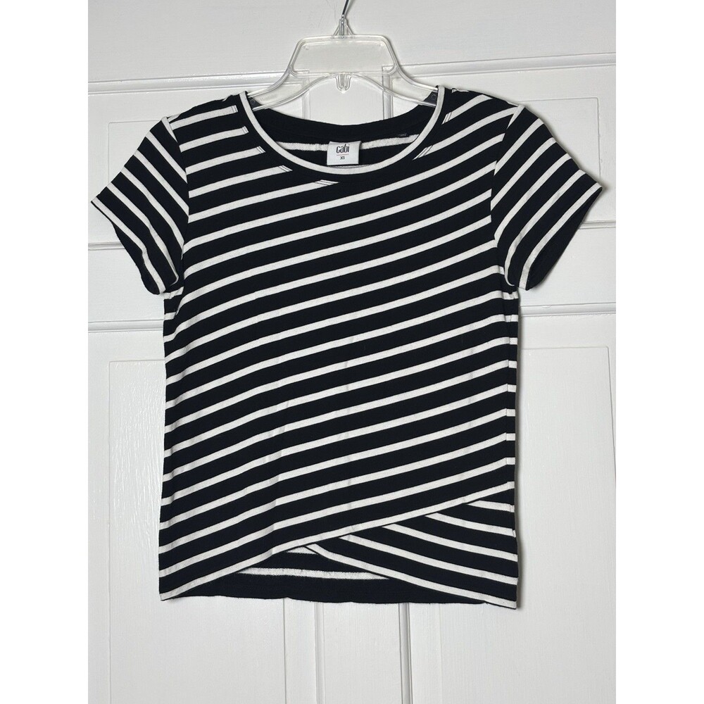 CAbi Women’s Shirt Size XS Black/White Striped Short Slv Cropped Style